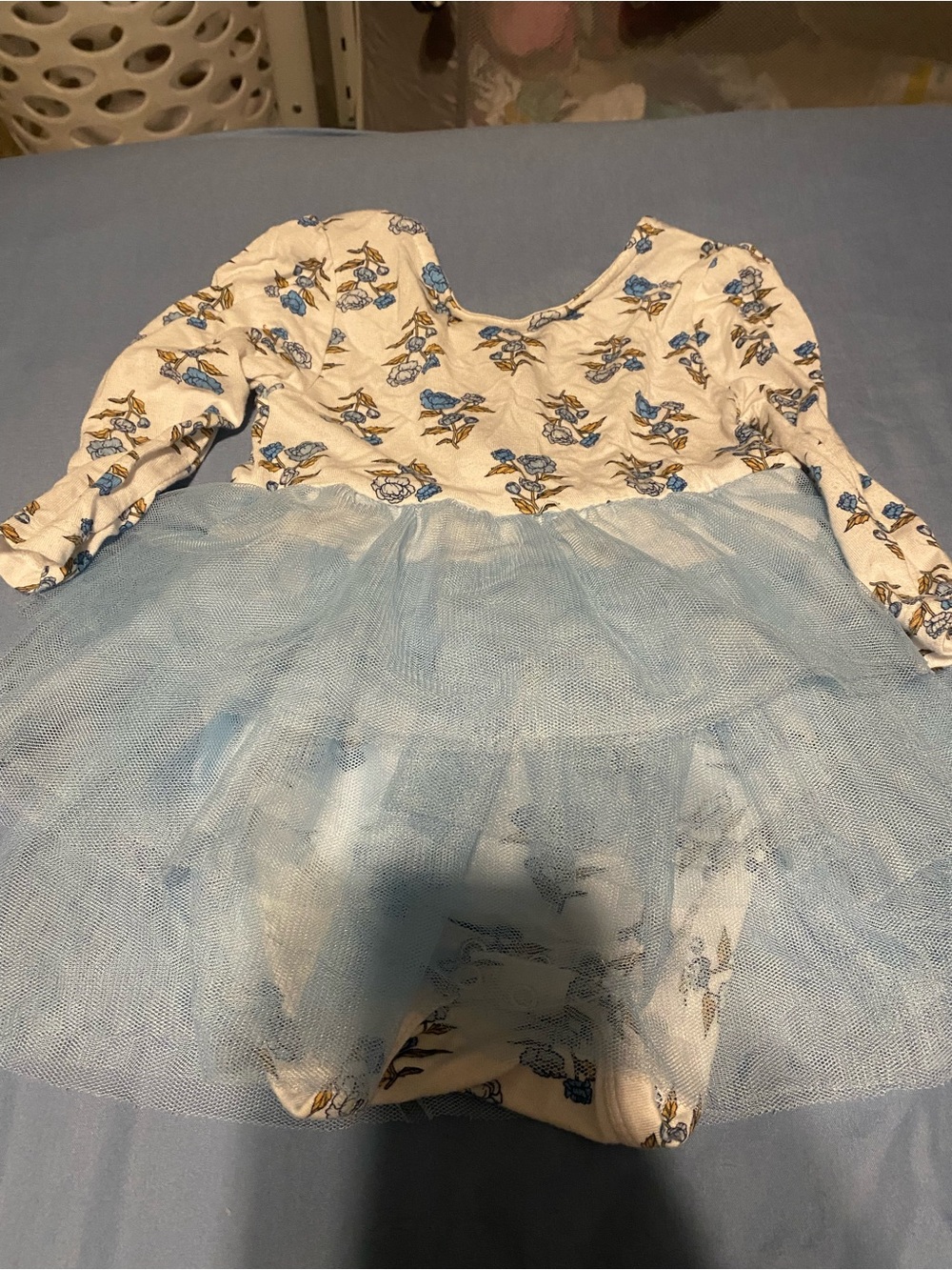 Cream Floral Bodysuit with Blue Tulle Skirt